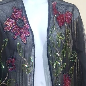 Duster Kimono Long Sheer Midi Black Open Front Sequin Floral Vintage glass Beads